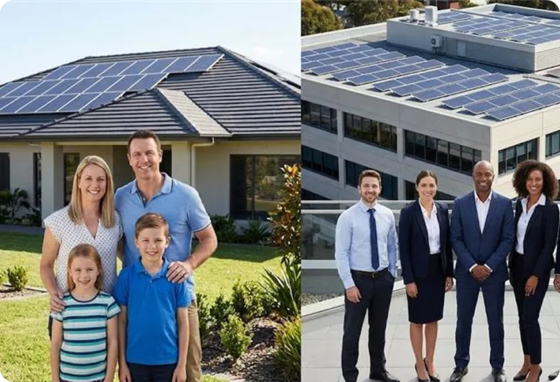 A smiling family in front of their solar-powered home and a business team on a solar-covered office roof.