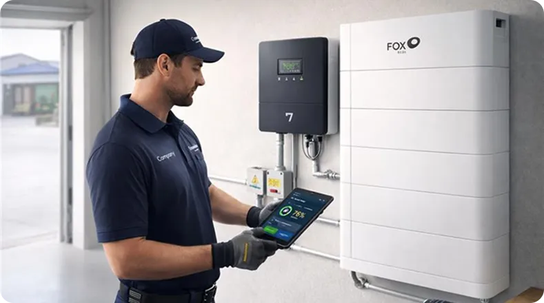 Your system, perfected: a technician tuning up solar batery storage with real-time data on tablet.