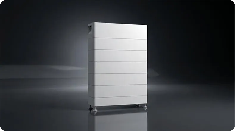 A sleek white Solar Battery unit standing on a reflective surface with soft lighting