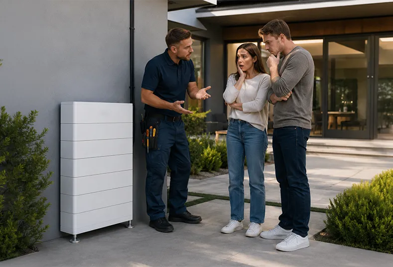 Professional technician explaining a white home battery storage system to a couple outside their modern house.
