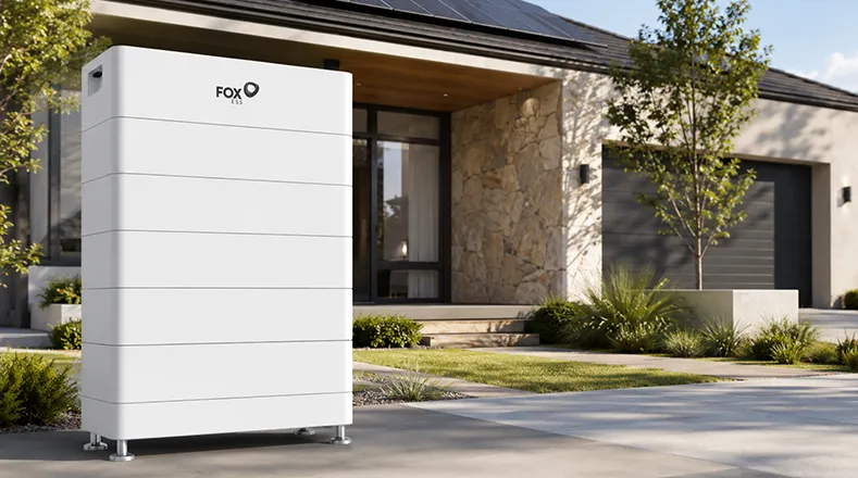 A large white Fox home battery storage unit installed in the driveway of a modern house with rooftop solar panels.