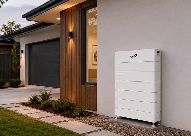 A white Fox home battery storage unit installed against the exterior wall of a modern house with wood accents and warm evening lighting.