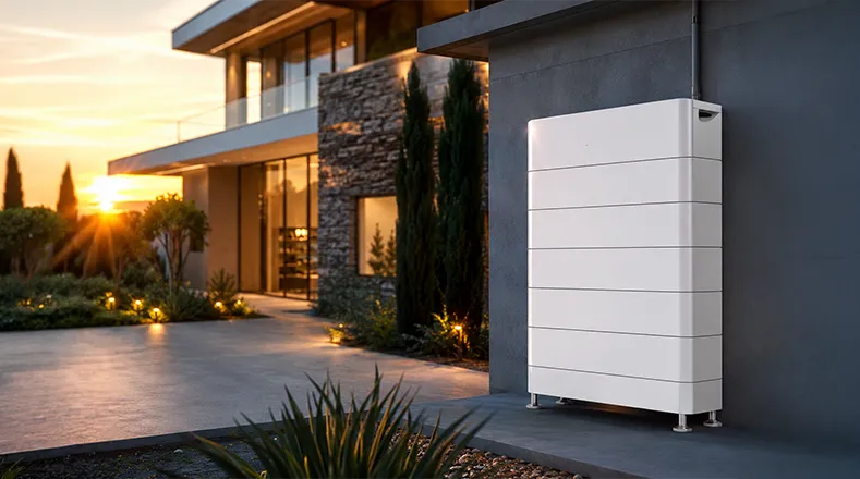 A large white home battery storage unit installed outside a modern luxury house with stone accents and warm sunset lighting.