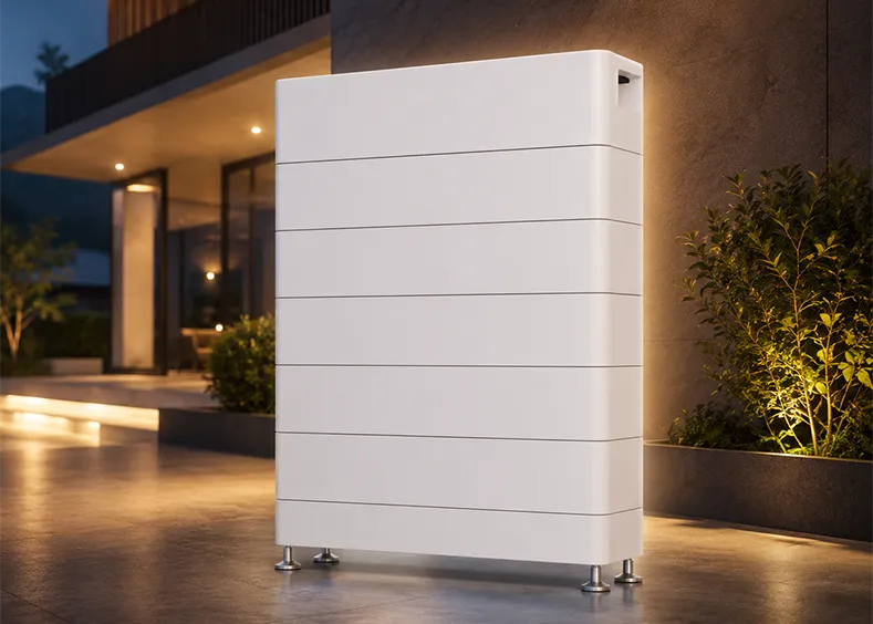 A large white modular home battery storage unit standing on a paved driveway outside a modern house at night.
