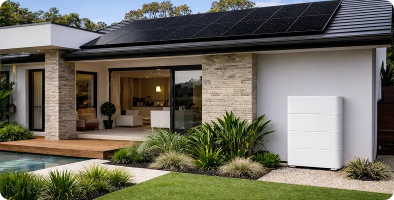 Modern Australian home with rooftop solar panels and two energy storage battery units installed near the garage, representing solar battery and storage solutions in NSW.